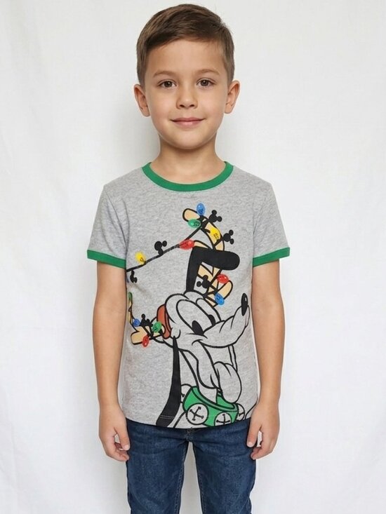 Disney Other - Disney Spotted Zebra Boys Gray Pluto Christmas Lights Ringer Tee Size S 6-7